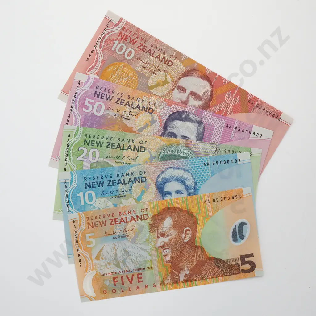 1999 NEW ZEALAND UNCIRCULATED BANKNOTE SET $5 $100 BRASH TYPE IV AA99 CV$800 Image 1++