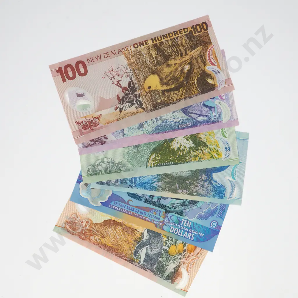 2000 NEW ZEALAND UNCIRCULATED BANKNOTE SET $5 $100 BRASH TYPE IV+VII AA00 Image 1++