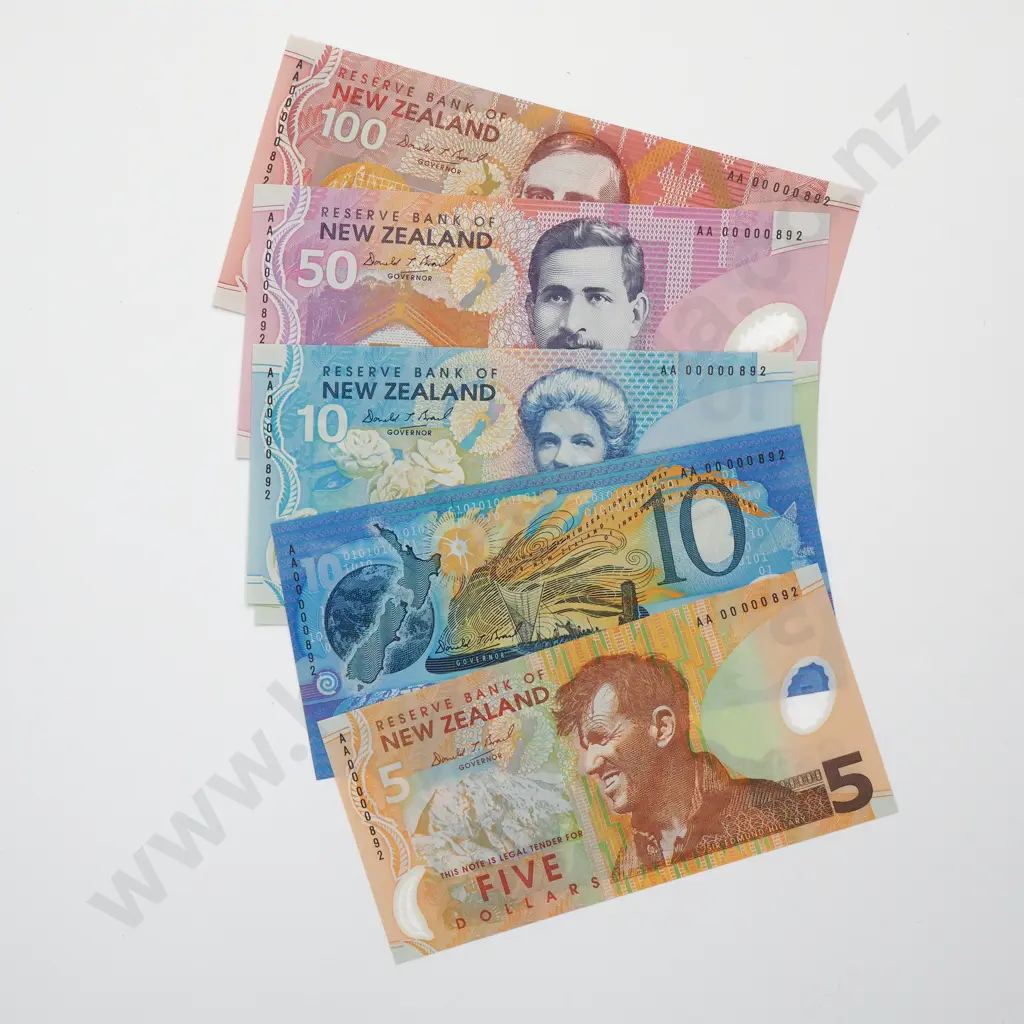 2000 NEW ZEALAND UNCIRCULATED BANKNOTE SET $5 $100 BRASH TYPE IV+VII AA00 Image 1++