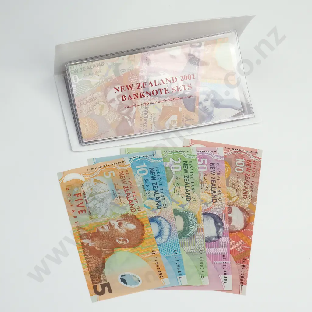 2001 NEW ZEALAND UNCIRCULATED BANKNOTE SET $5 $100 BRASH AA01 TYPE IV Image 1++