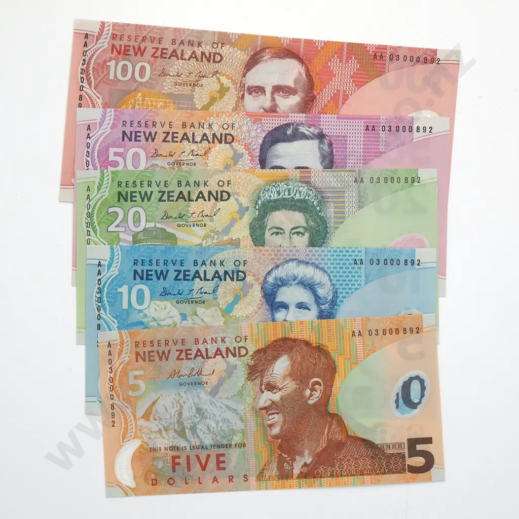 2003 NEW ZEALAND UNCIRCULATED BANKNOTE SET $5 $100 BOLLARD / BRASH TYPE IV AA03 Image 1++