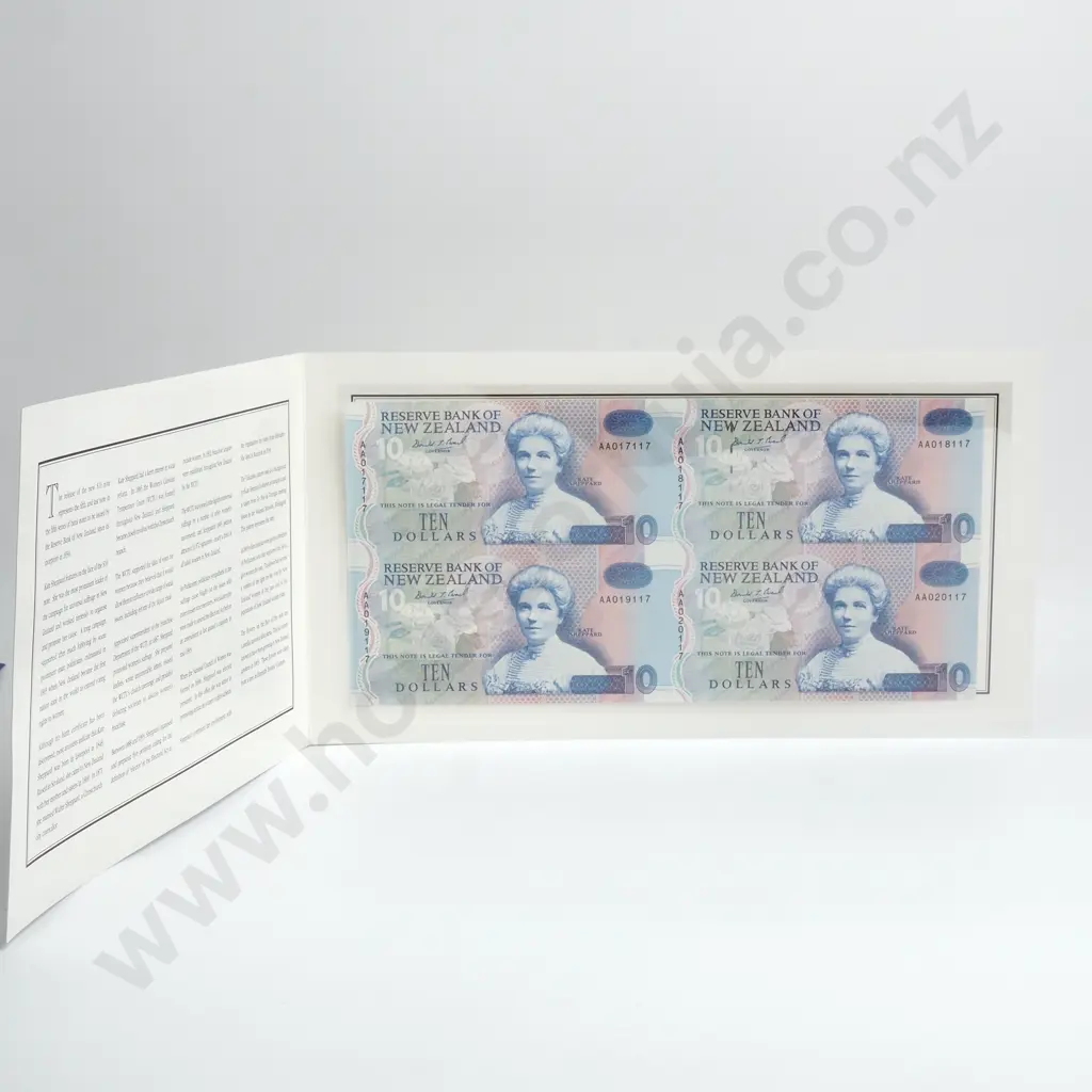 1993 UNCUT BLOCK 4X NEW ZEALAND 10 DOLLARS BANKNOTES Image 1++