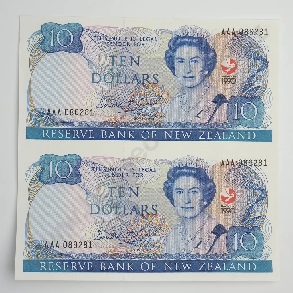 BRASH UNCUT PAIR 10 DOLLARS BANKNOTE 1990 P.176 Almost UNCIRCULATED CCV$60 Image 1++
