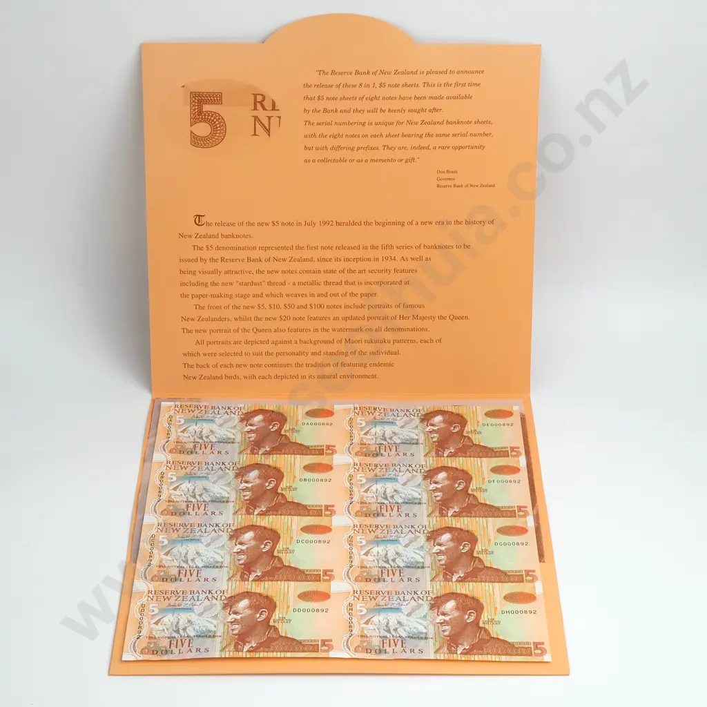 BRASH UNCUT SHEET OF 8X 5 DOLLARS BANKNOTES ND(1997) P.177b UNCIRCULATED CCV$220 Image 1++