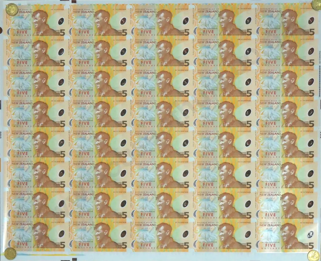 2003 NEW ZEALAND UNCUT SHEET OF FORTY 5 DOLLARS BANKNOTES Image 1++