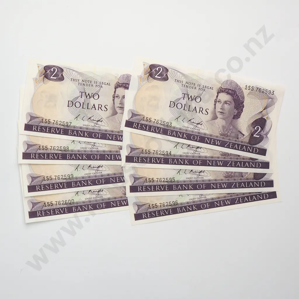 8 X CONSECUTIVELY NUMBERED 2 DOLLARS NOTES, KNIGHT SIGNATURES, PREFIXES 1S5, aUNC Image 1++