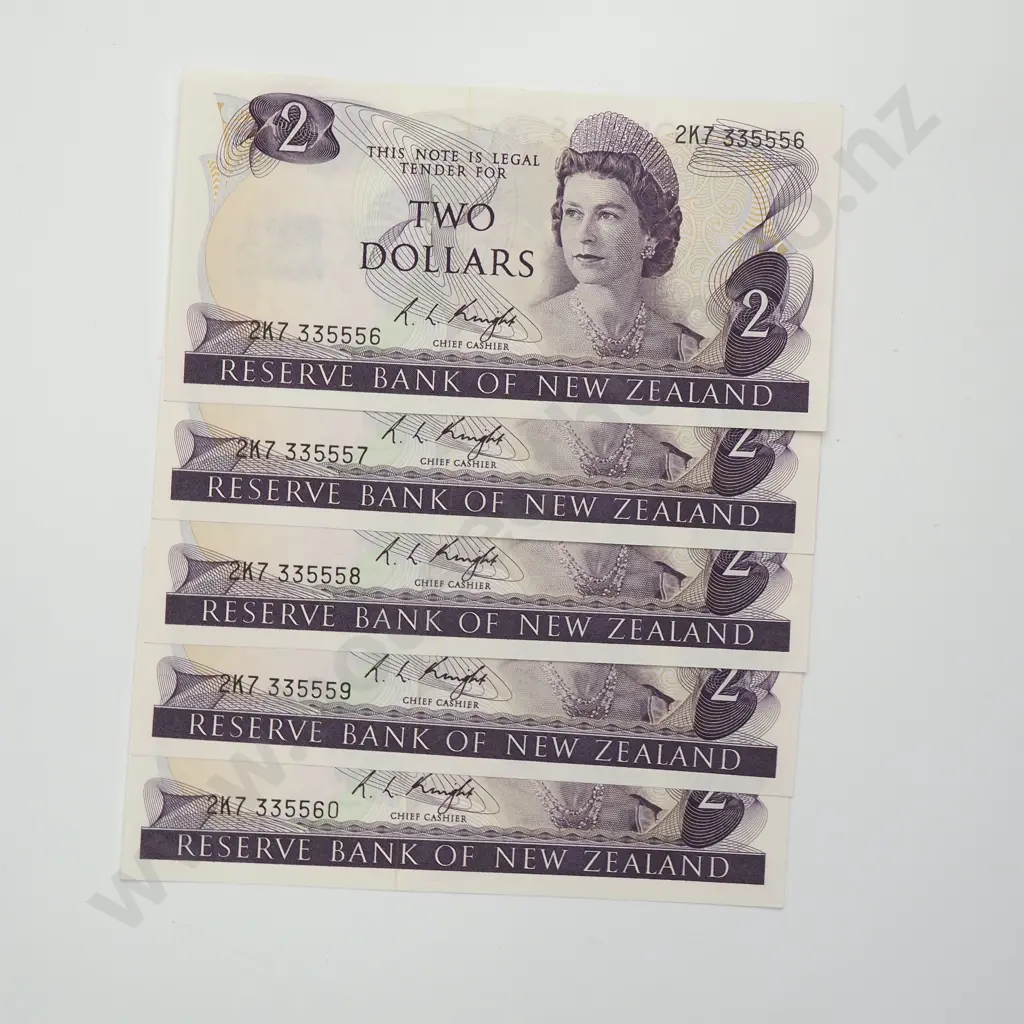 KNIGHT CONSEC 5X 2 DOLLARS BANKNOTES ND(1975-77) P.164c Almost UNCIRCULATED CCV$175 Image 1++