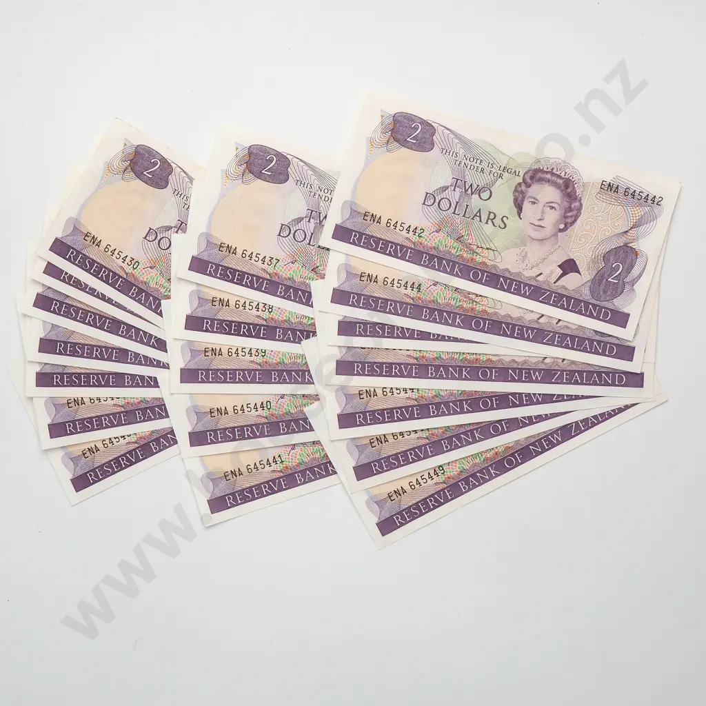 20 X CONSECUTIVELY NUMBERED 2 DOLLARS NOTES, RUSSELL SIGNATURES, PREFIXES ENA, aUNC Image 1++