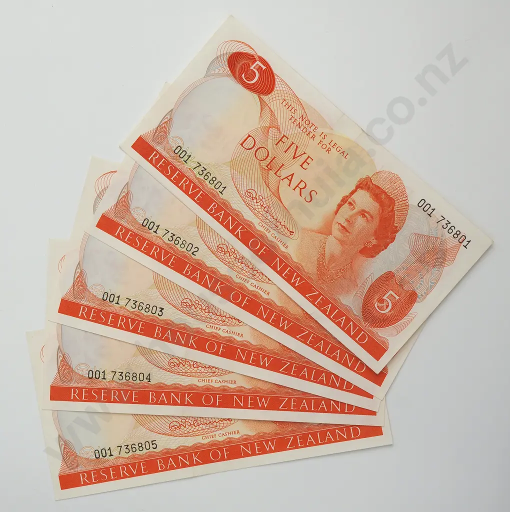 FLEMING CONSEC 5X 5 DOLLARS BANKNOTES ND(1967-68) P.165a Almost UNCIRCULATED CCV$1250 Image 1++