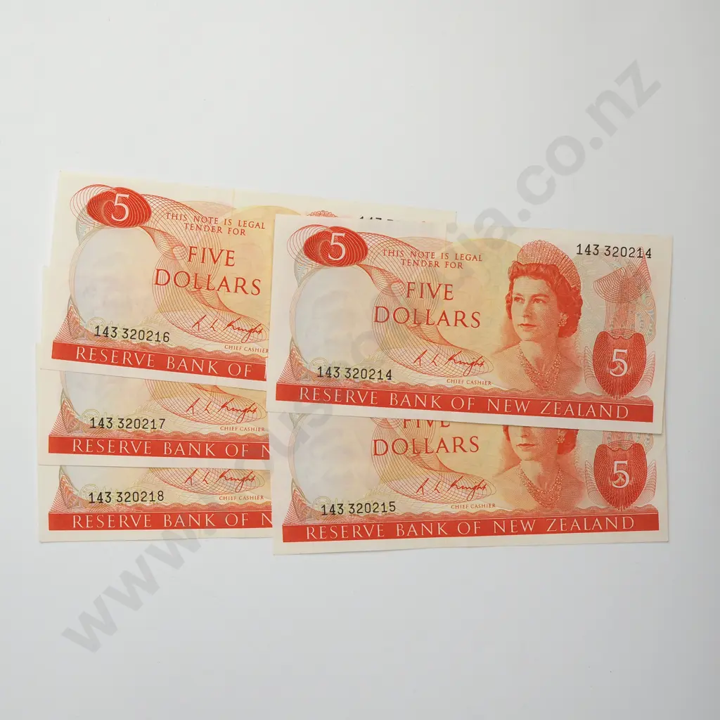 KNIGHT CONSEC 5X 5 DOLLARS BANKNOTES ND(1975-77) P.165c Almost UNCIRCULATED CCV$500 Image 1++