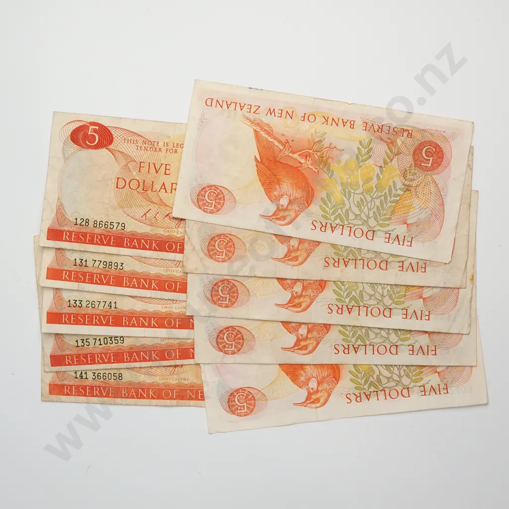 10 X 5 DOLLARS NOTES, KNIGHT SIGNATURE, PREFIXES 097, 106, 108, 117, 121, 128, 131, 133, 135, 141, VERY Good FINE Image 1++