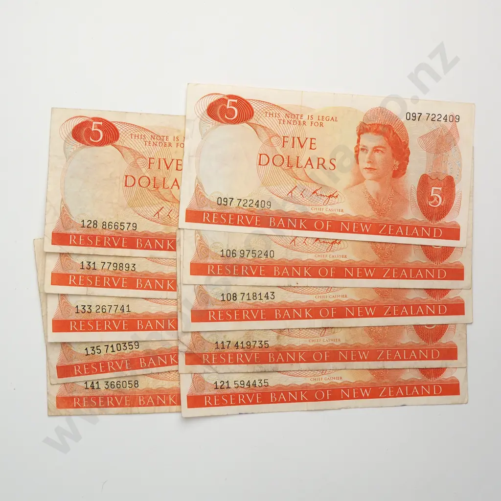10 X 5 DOLLARS NOTES, KNIGHT SIGNATURE, PREFIXES 097, 106, 108, 117, 121, 128, 131, 133, 135, 141, VERY Good FINE Image 1++