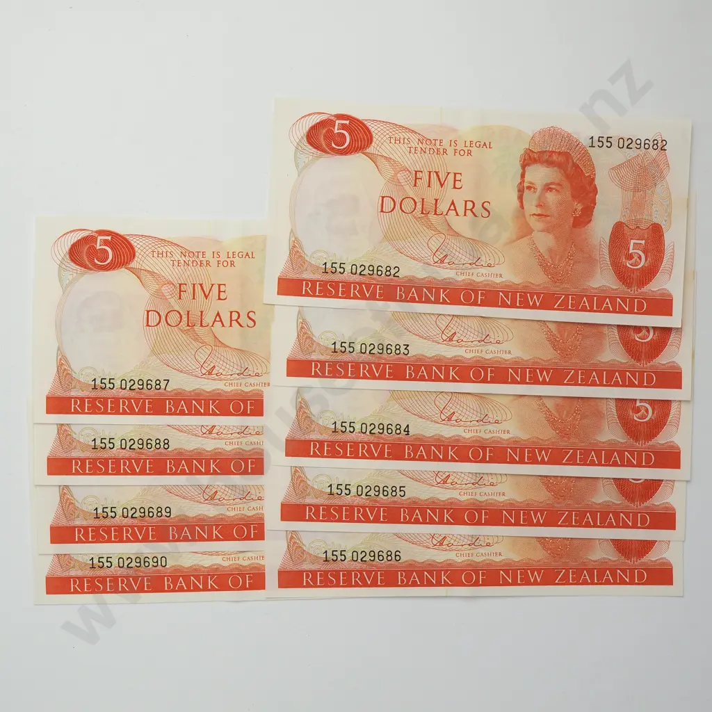 HARDIE CONSEC 9X 5 DOLLARS BANKNOTES ND(1977-81) P.165d Almost UNCIRCULATED CCV$540 Image 1++