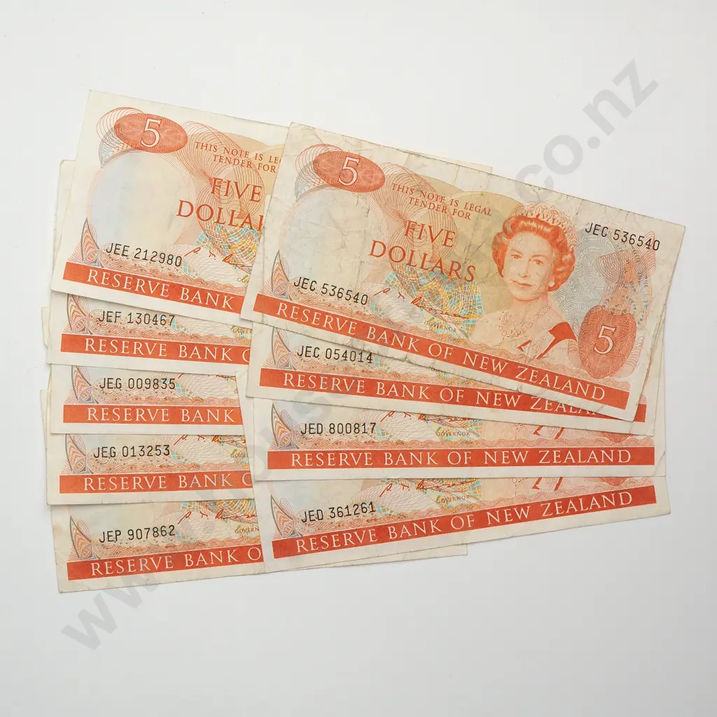9 X 5 DOLLARS NOTES, RUSSELL SIGNATURES, PREFIXES JEC X 2, JED X 2, JEE, JEF, JEG X 2, JEP, VERY Good FINE Image 1++