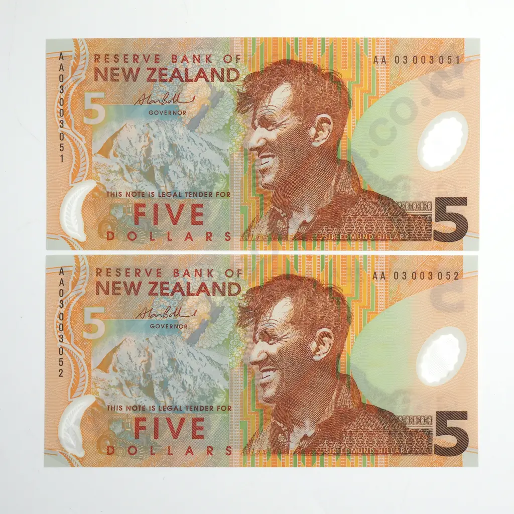 BOLLARD 1ST PREFIX CONSEC PAIR 5 DOLLARS BANKNOTES UNCIRCULATED Image 1++