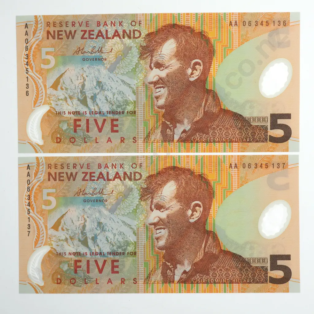 BOLLARD 1ST PREFIX CONSEC PAIR 5 DOLLARS BANKNOTES UNCIRCULATED Image 1++