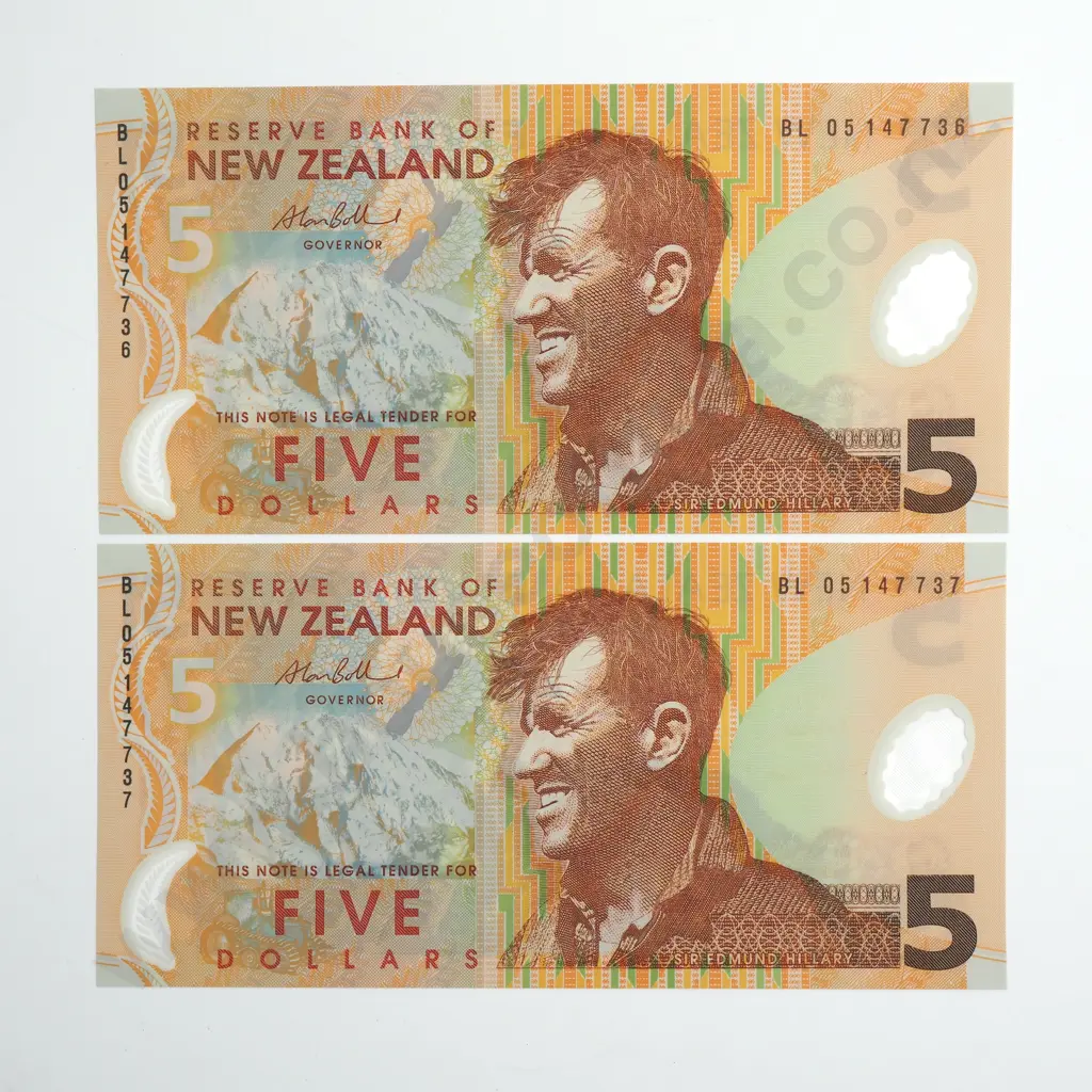 BOLLARD CONSEC PAIR 5 DOLLARS BANKNOTES UNCIRCULATED Image 1++