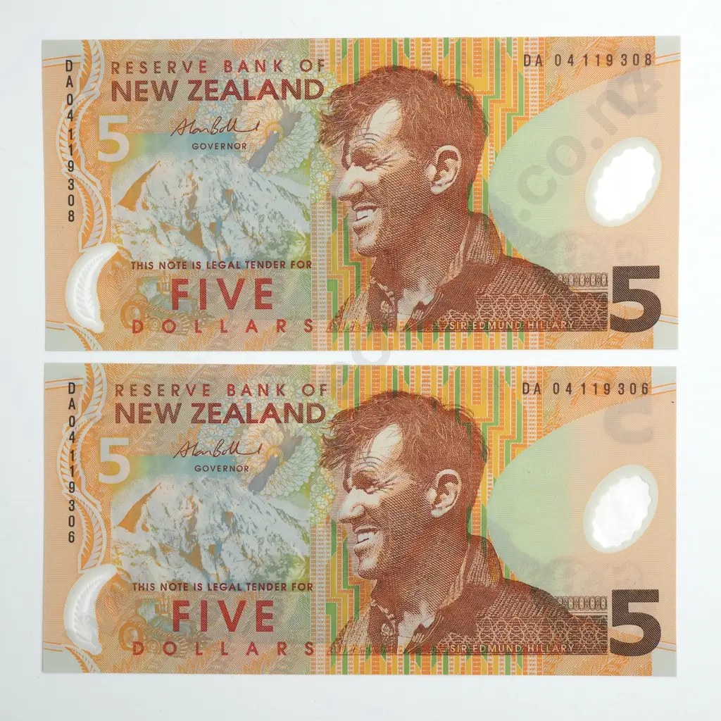 BOLLARD LAST PREFIX OF YEAR CONSEC PAIR 5 DOLLARS BANKNOTES UNCIRCULATED Image 1++