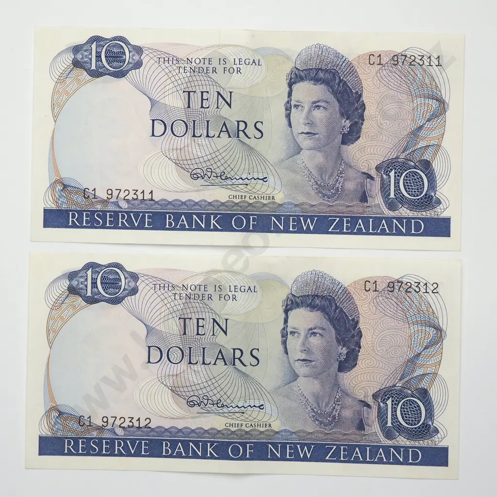 FLEMING CONSEC PAIR 10 DOLLARS BANKNOTES ND(1967-68) P.166a aUNC CCV$400 Image 1++