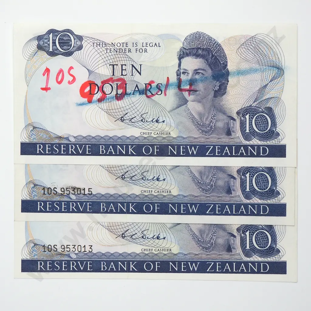 WILKS ERROR CONSEC TRIO 10 DOLLARS BANKNOTES ND(1968-75) P.166b UNCIRCULATED CV$1750 Image 1++