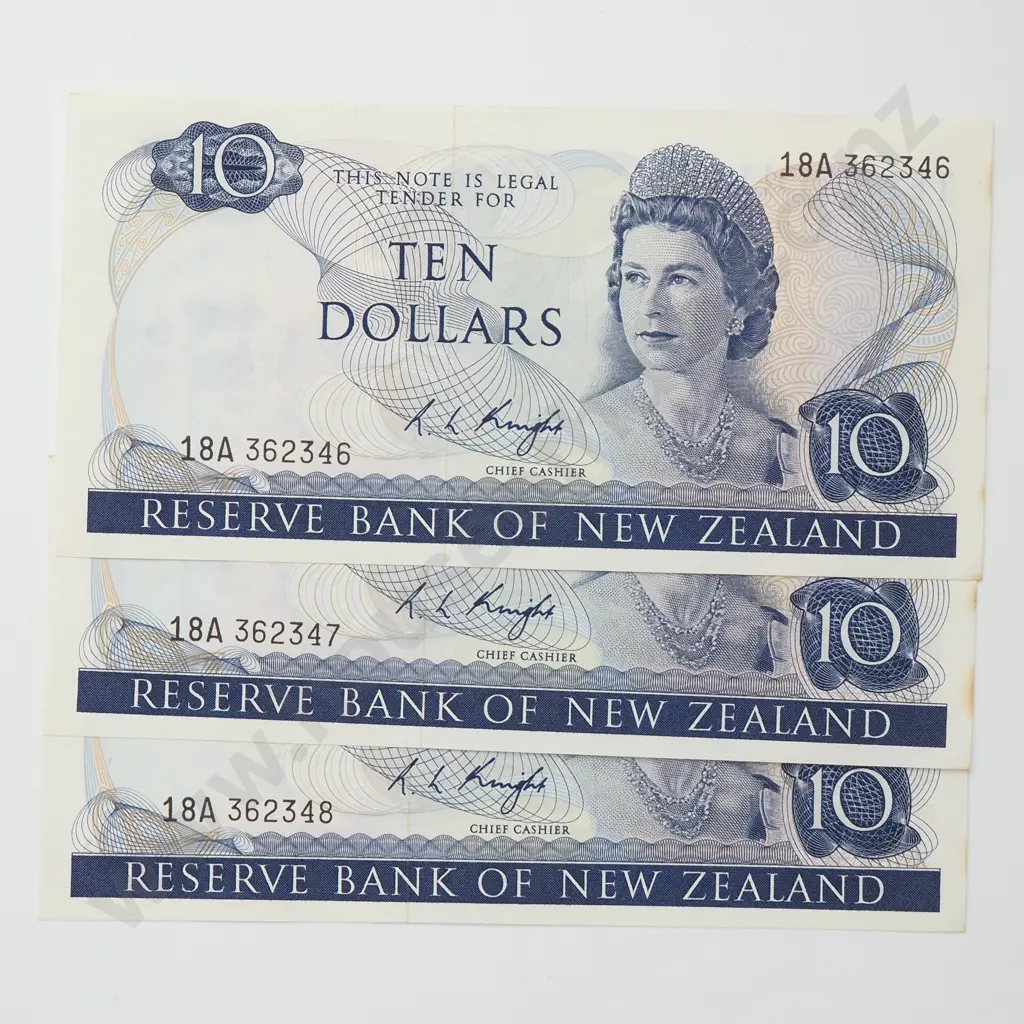 KNIGHT CONSEC TRIO 10 DOLLARS BANKNOTES ND(1975-77) P.166c gEF CCV$375 Image 1++