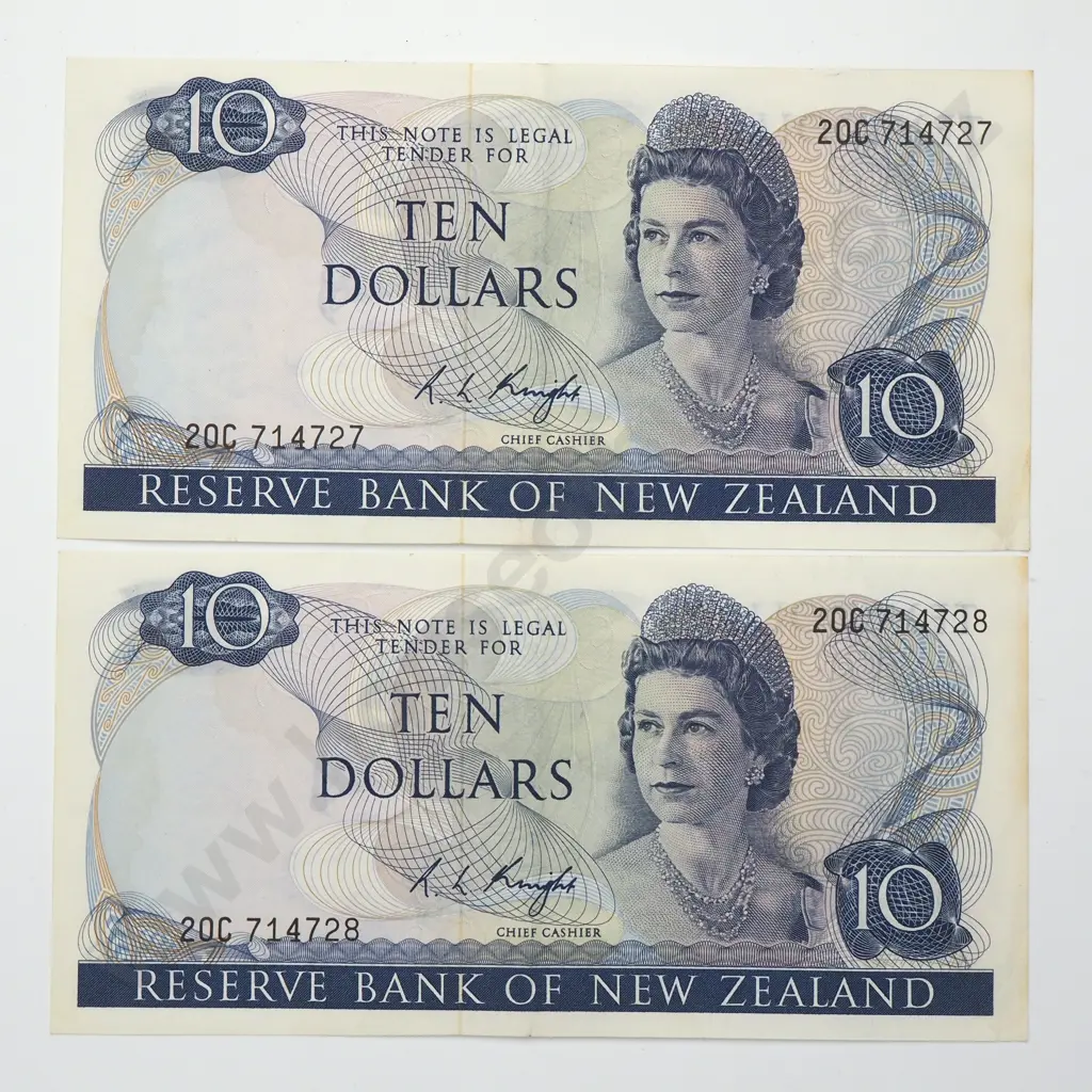 KNIGHT CONSEC PAIR 10 DOLLARS BANKNOTES ND(1975-77) P.166c gEF CCV$160 Image 1++