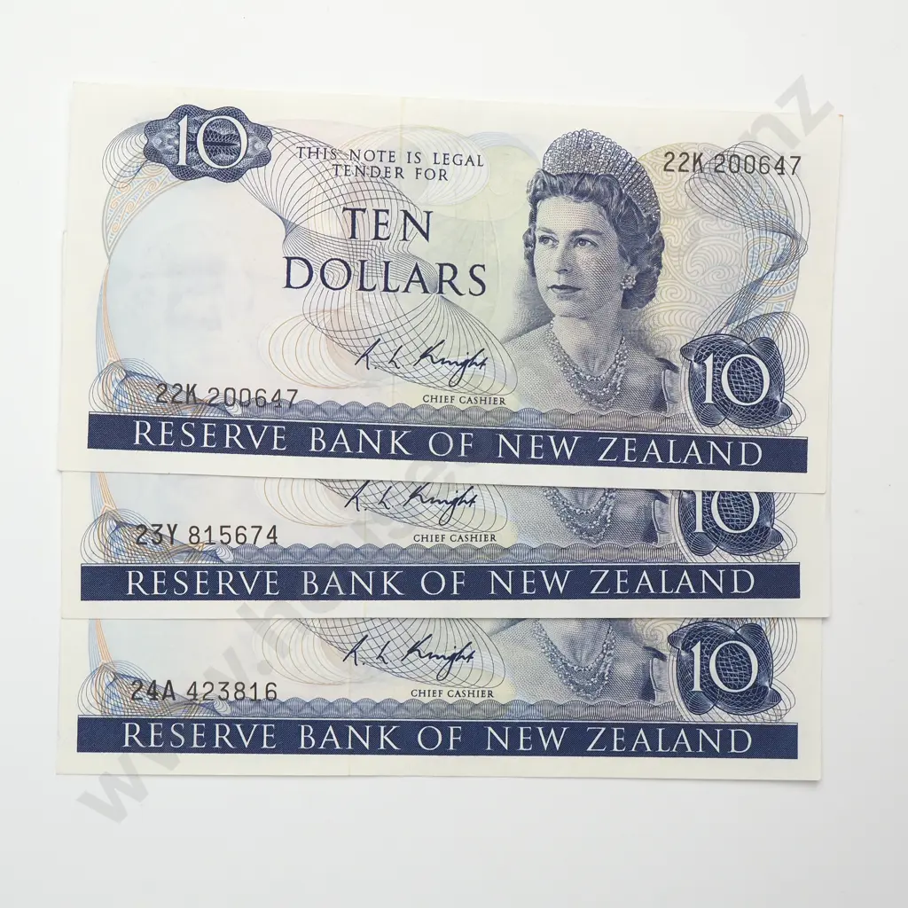 3 X 10 DOLLARS, KNIGHT SIGNATURE, PREFIXES 22K, 23Y, 24A, EXTREMELY FINE Image 1++