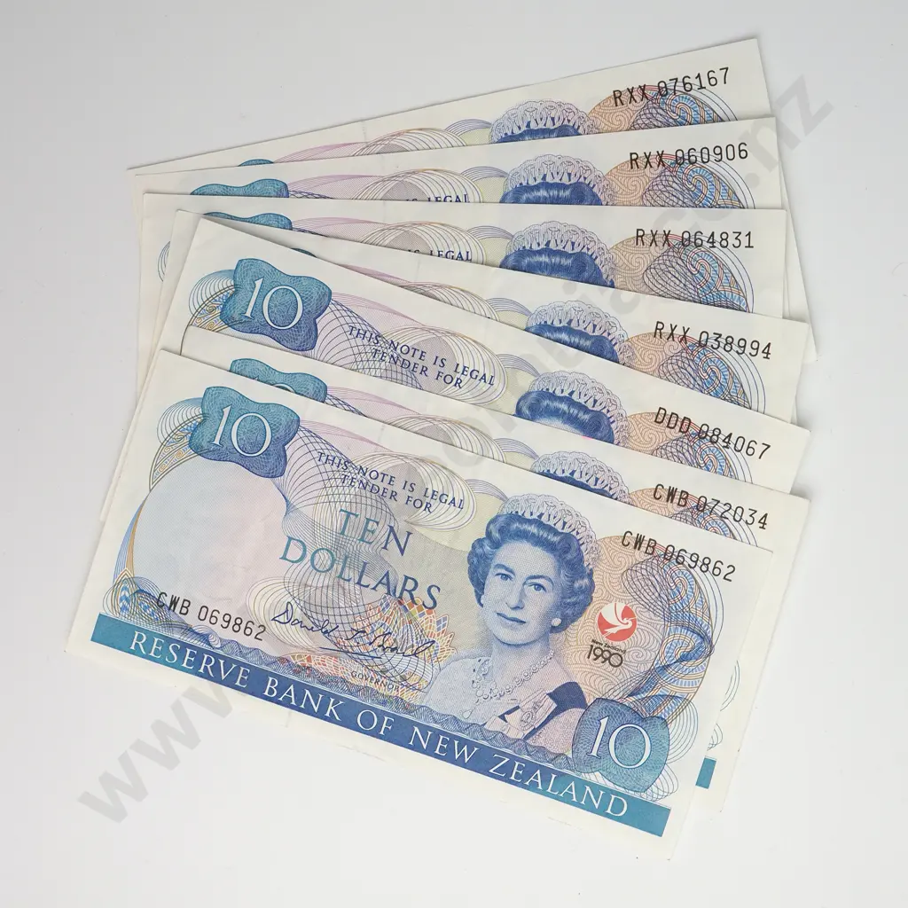 7 X 10 DOLLARS, BRASH SIGNATURE 1990, PREFIXES 2 X CWB, DDD, 4 X RXX, EXTREMELY FINE Image 1++