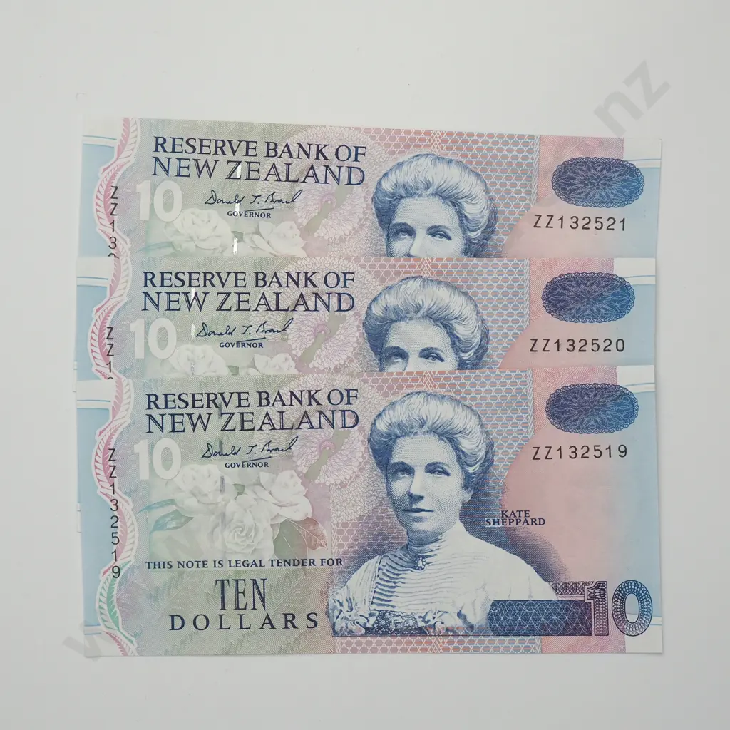 BRASH CONSEC TRIO ZZ 10 DOLLARS BANKNOTES ND(1994-95) P.182 UNCIRCULATED CCV$250 Image 1++
