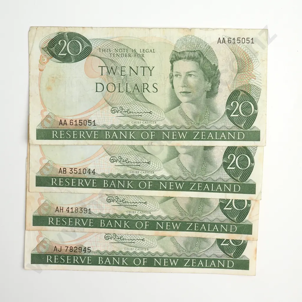 4 X 20 DOLLARS, FLEMING SIGNATURE, PREFIXES AA, AB, AH, AJ, FINE Image 1++