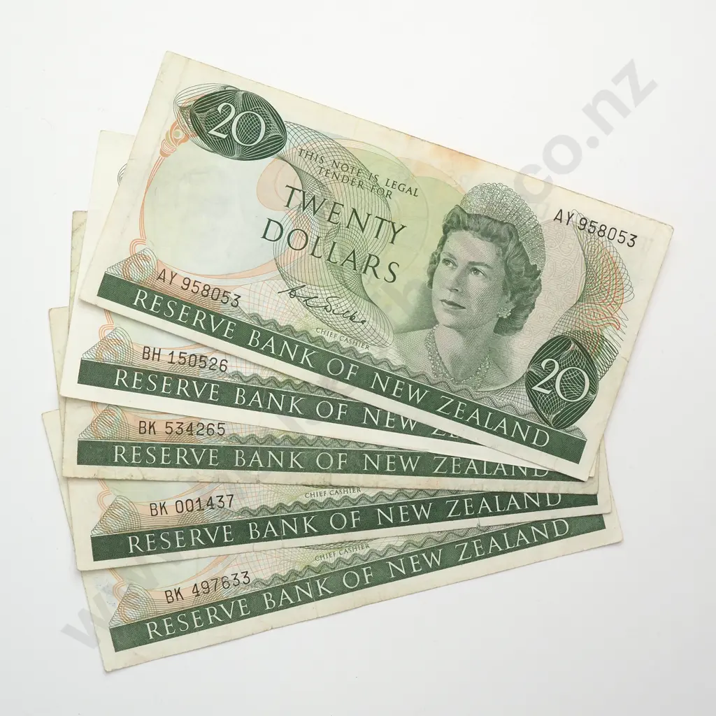 5 X 20 DOLLARS, WILKS SIGNATURE, PREFIXES AY, BH, 3 X BK, FINE Image 1++