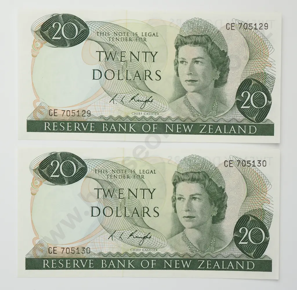 KNIGHT CONSEC PAIR 20 DOLLARS BANKNOTES ND(1975-77) P.167c aUNC CCV$700 Image 1++