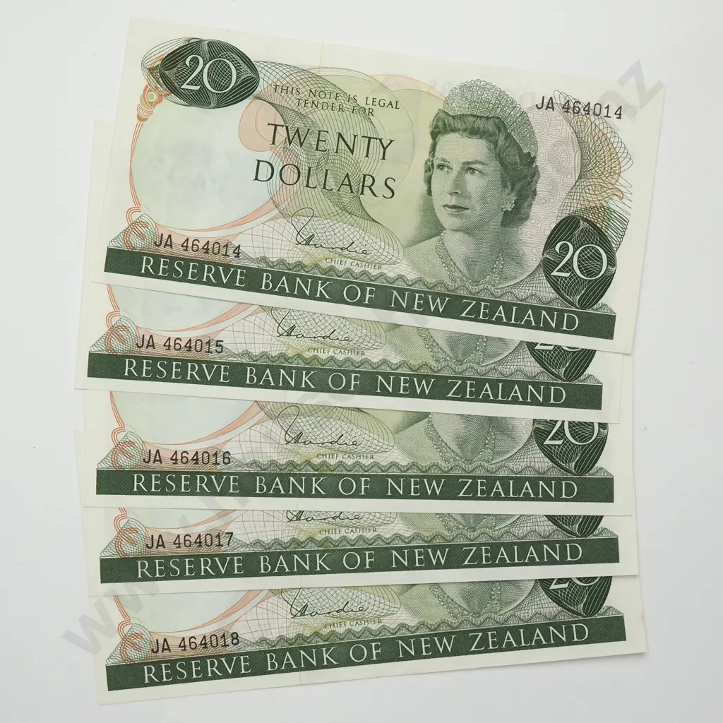 HARDIE CONSEC 5X 20 DOLLARS BANKNOTES ND(1977-81) P.167d UNCIRCULATED CCV$1250 Image 1++