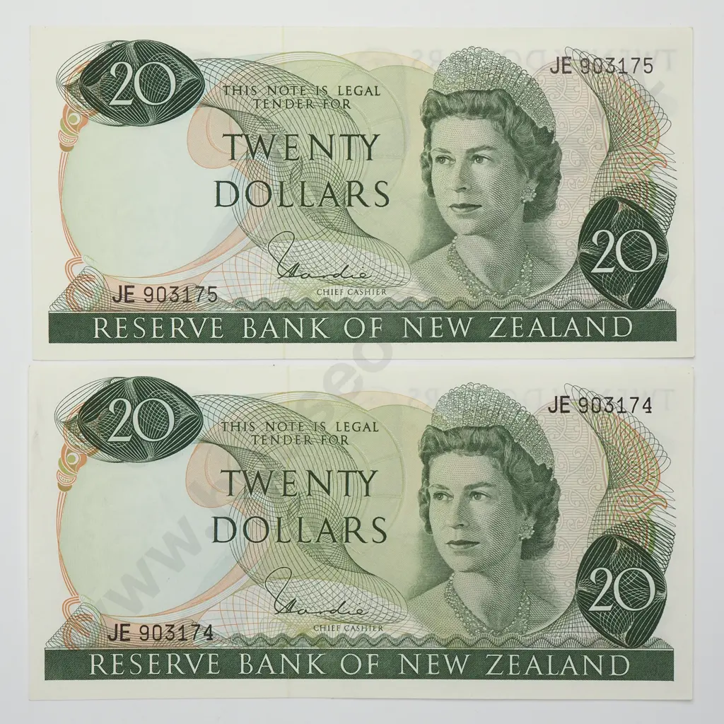 HARDIE TYPE I CONSEC PAIR 20 DOLLARS BANKNOTES ND(1977-81) P.167d aUNC CCV$350 Image 1++