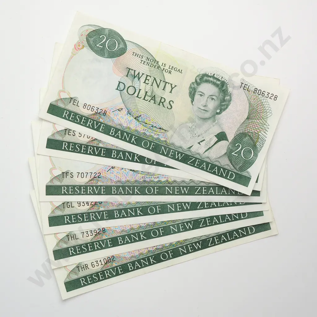 6 X 20 DOLLARS, RUSSELL SIGNATURE, PREFIXES TEL, TES, TFS, TGL, THL, THR, VERY FINE OR BETTER CONDITION, MINIMUM Image 1++