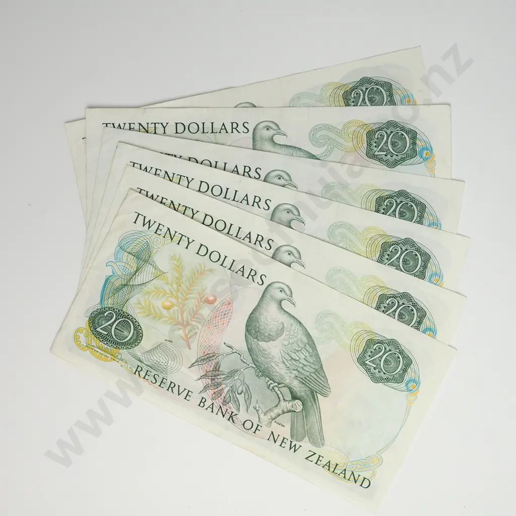 6 X 20 DOLLARS, RUSSELL SIGNATURE, PREFIXES TEL, TES, TFS, TGL, THL, THR, VERY FINE OR BETTER CONDITION, MINIMUM Image 1++
