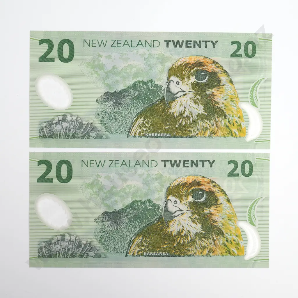 Bollard Consecutive Pair 20 Dollars Banknotes, 1st Prefix, Uncirculated Image 1++