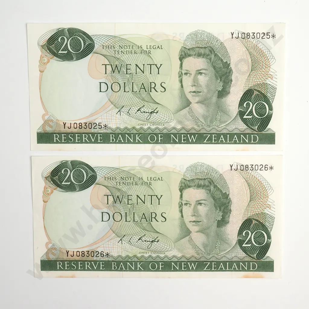 CONSEC PAIR 20 DOLLARS, KNIGHT SIGNATURE, PREFIXES YJ *, VERY FINE Image 1++