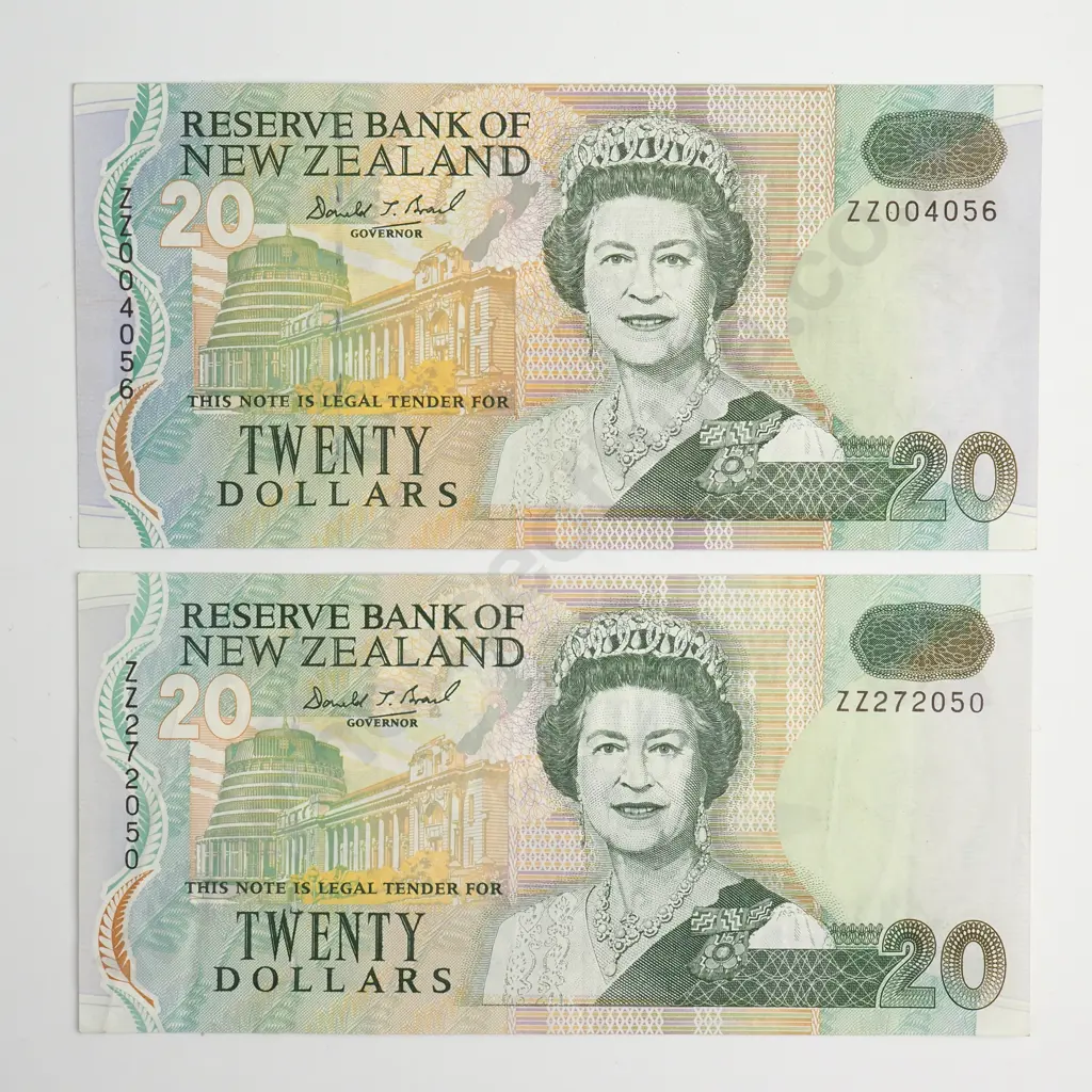 TWO BRASH ZZ REPLACEMENT 20 DOLLAR BANKNOTES aUNC Image 1++