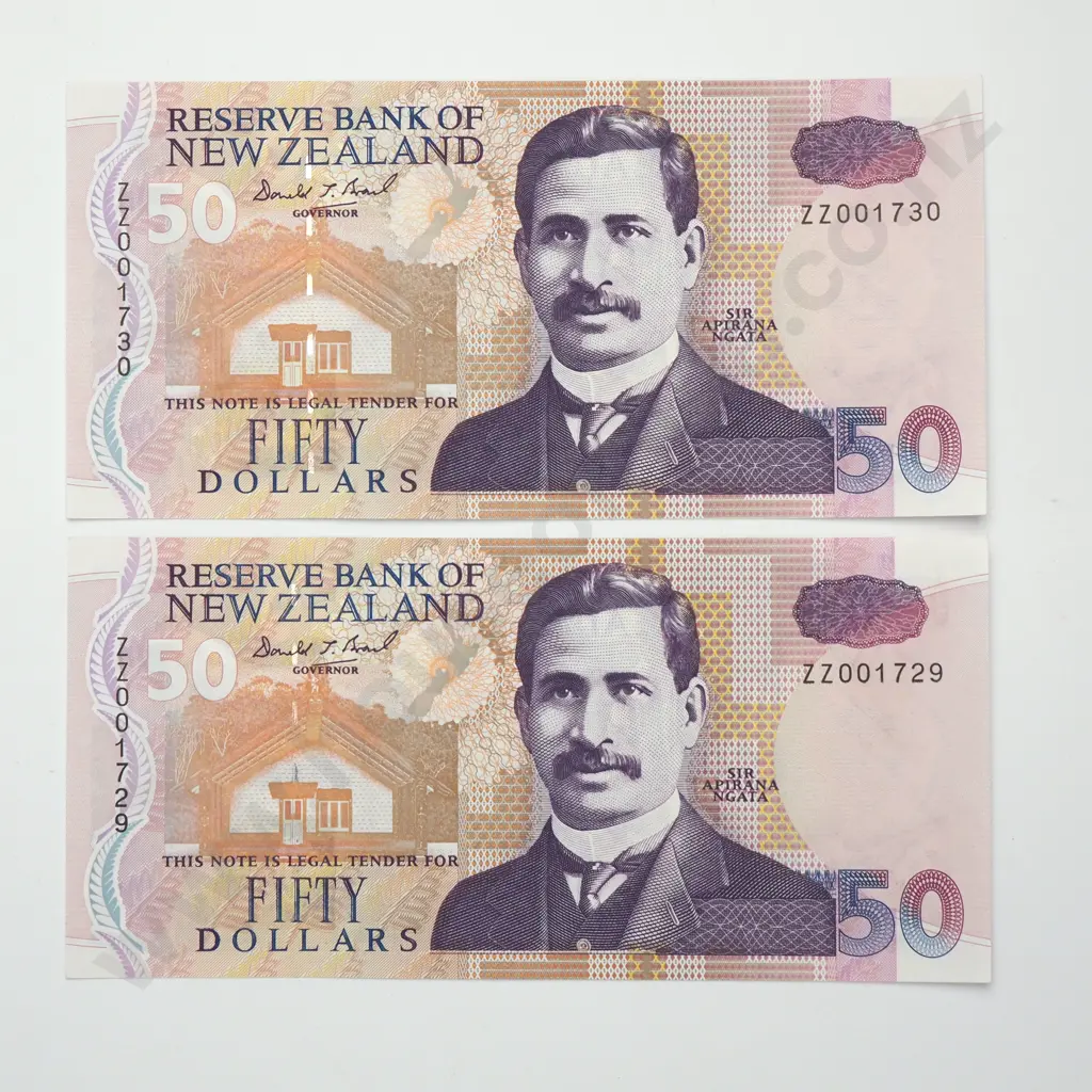 BRASH ZZ CONSEC PAIR 50 DOLLARS BANKNOTES ND(1992-2000) P.180 aUNC CCV$600 Image 1++