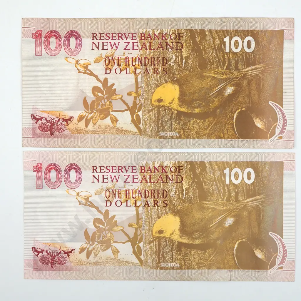 TWO NEW ZEALAND 100 DOLLARS BRASH BANKNOTES ONE WITH SMALL TEAR Image 1++