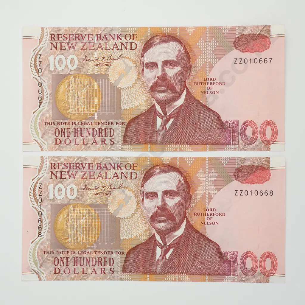 BRASH ZZ CONSEC PAIR 100 DOLLARS BANKNOTES ND(1992-99) P.181a aUNC CV$2800 Image 1++