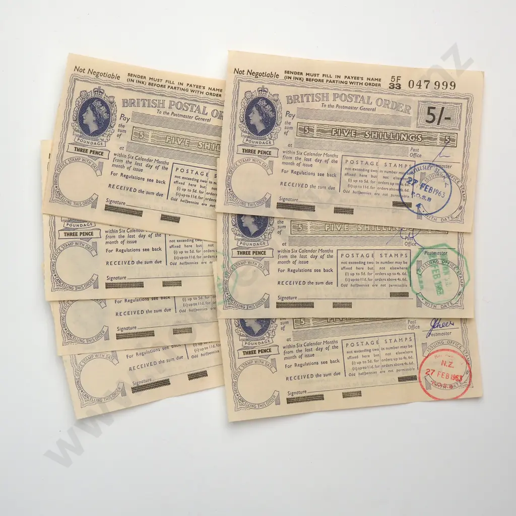 GREAT BRITAIN Eight postal orders, each for 5 shillings and postmarked at various NZ post offices in 1963, EXTREMELY FIN Image 1++