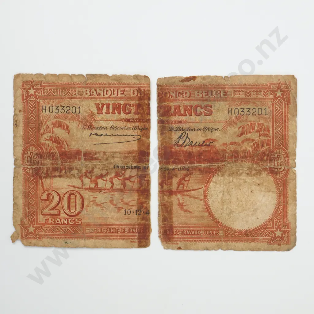 BELGIAN CONGO 20 francs, 1942, G ( in two pieces ) Image 1++