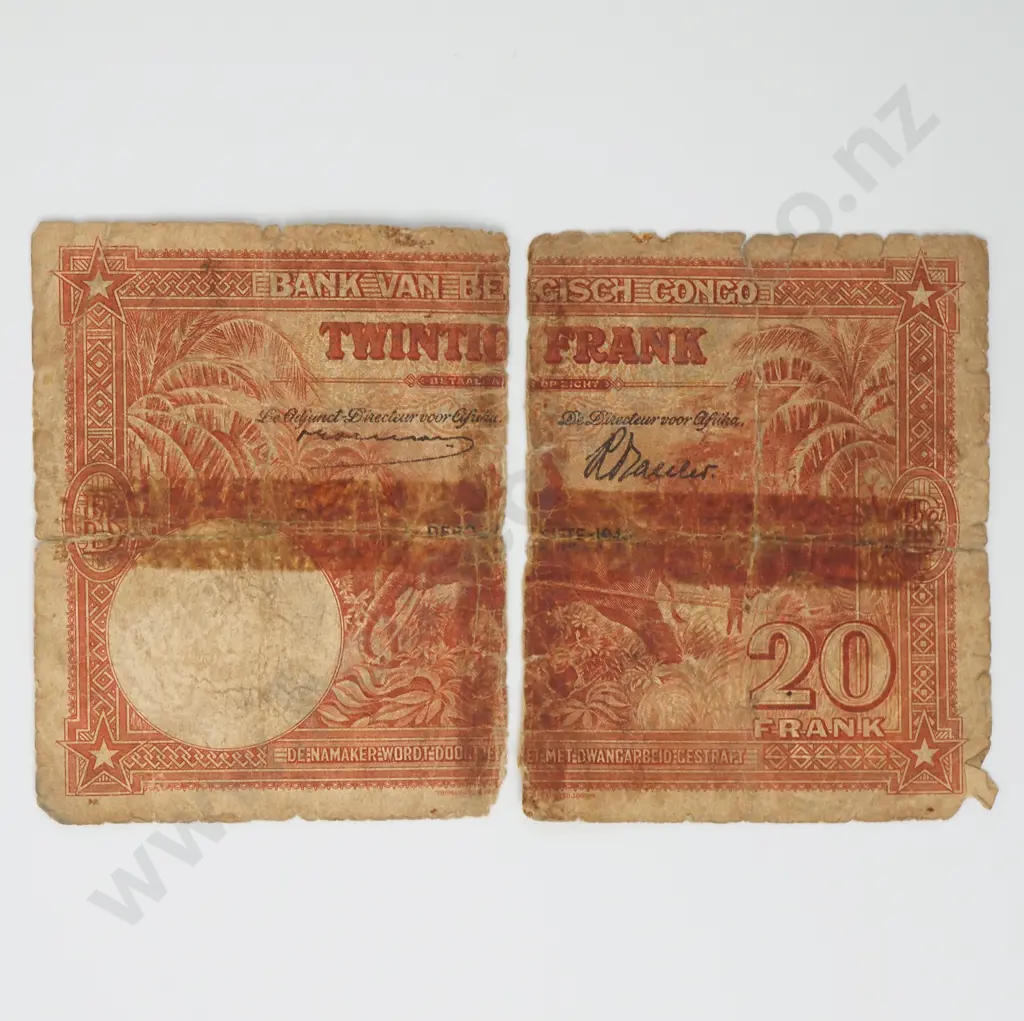 BELGIAN CONGO 20 francs, 1942, G ( in two pieces ) Image 1++