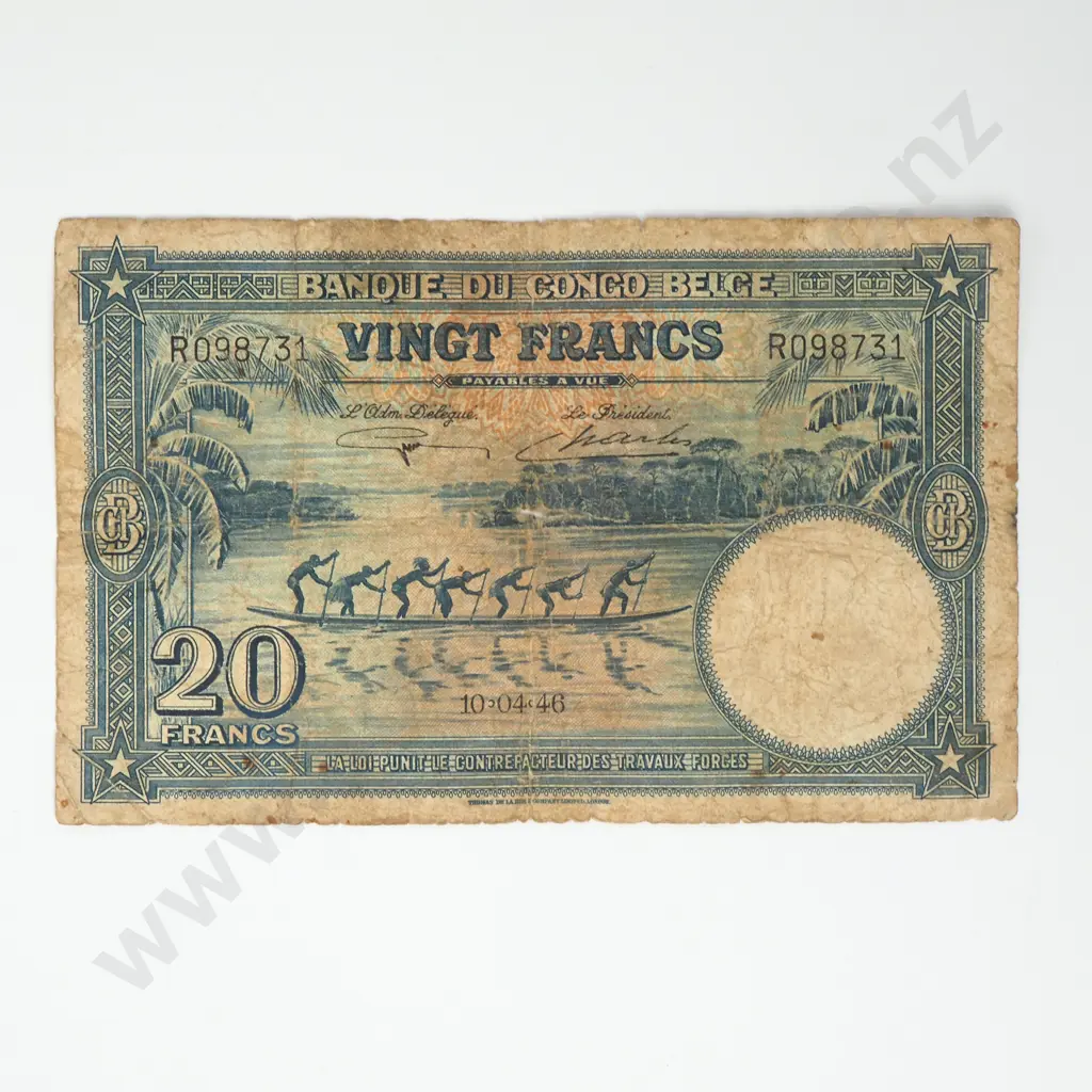 BELGIAN CONGO 20 francs, 1946, VG ( holes ) Image 1++