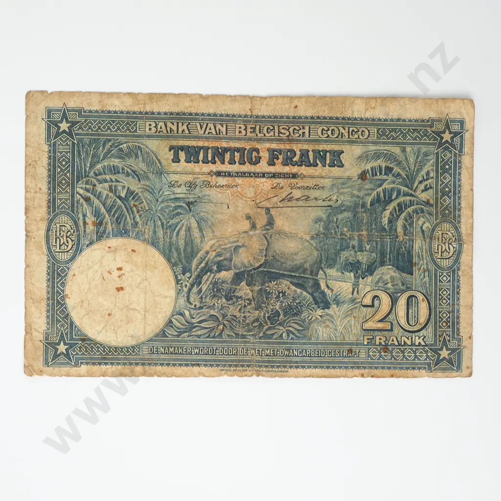 BELGIAN CONGO 20 francs, 1946, VG ( holes ) Image 1++
