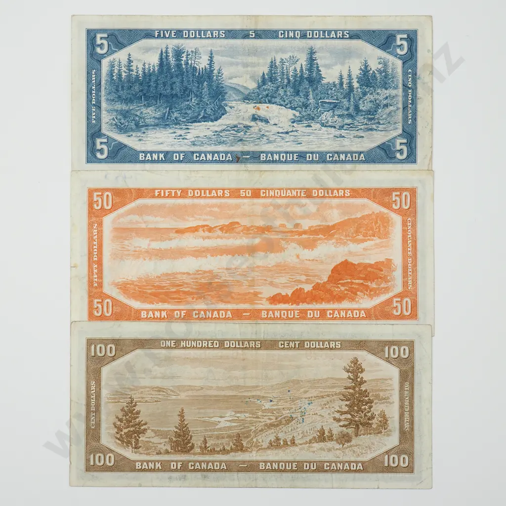3 X CANADIAN NOTES EACH DATED 1954 – FIVE DOLLARS FINE, FIFTY DOLLARS FINE ( PEN MARK TO FACE AND 7487 TOP RIGHT CORNER ), ONE HUNDRED DOLLARS VF ( PEN MARK TO LEFT, INK TO BACK AND TINY TEAR IN BOTTOM EDGE ), APPROXIMATE EXCHANGE RATE Image 1++