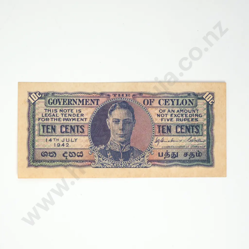 CEYLON 10 cents, 1942, UNC ( foxing ) Image 1++
