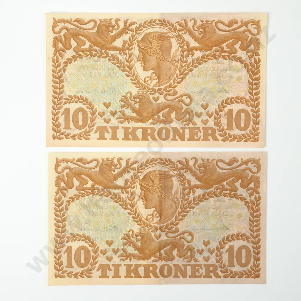 DENMARK 10 kroner consecutively numbered pair, 1943, A.UNC Image 1++